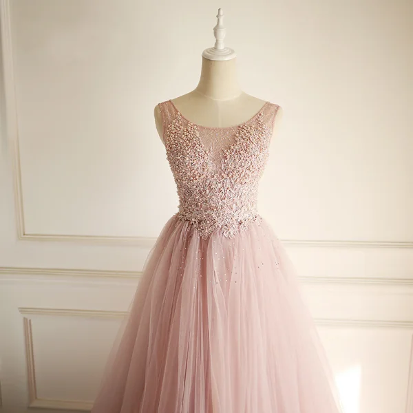Chic / Beautiful Blushing Pink Prom Dresses 2018 A-Line / Princess Lace Appliques Beading Pearl Rhinestone Scoop Neck Sleeveless Sweep Train Formal Dresses