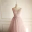 Chic / Beautiful Blushing Pink Prom Dresses 2018 A-Line / Princess Lace Appliques Beading Pearl Rhinestone Scoop Neck Sleeveless Sweep Train Formal Dresses