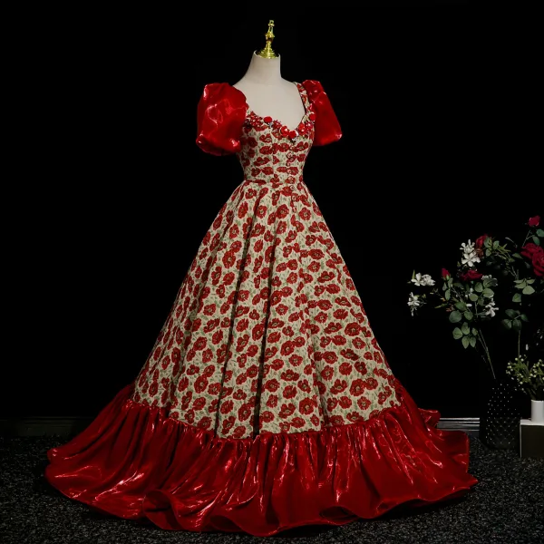 Fantaisie Bordeaux Fait main Appliques Floral Robe De Bal 2025 Robe Boule Encolure Carrée Manches Courtes Dos Nu Longue Robe De Ceremonie