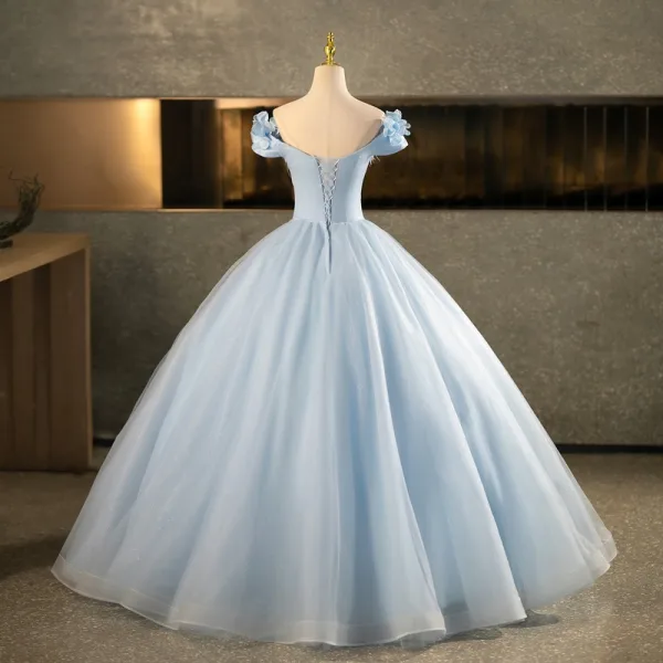 Elegant Sky Blue Beading Sequins Appliques Prom Dresses 2025 Ball Gown Off-The-Shoulder Tassel Short Sleeve Backless Floor-Length / Long Formal Dresses