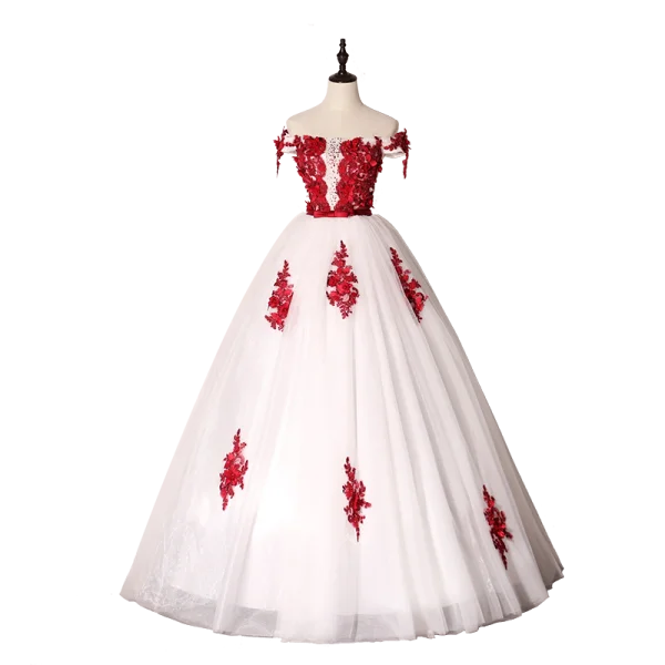 Élégant Ivoire Robe De Bal 2020 Robe Boule De l'épaule Rouge Appliques En Dentelle Fleur Noeud Faux Diamant Sans Manches Dos Nu Longue Robe De Ceremonie