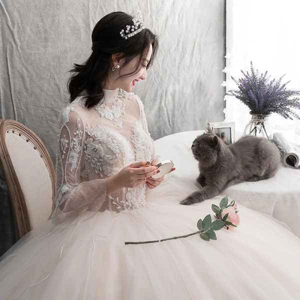 Élégant Champagne Robe De Mariée 2019 Princesse Encolure Dégagée En Dentelle Fleur Dos Nu Manches Longues Plissée Longue Mariage