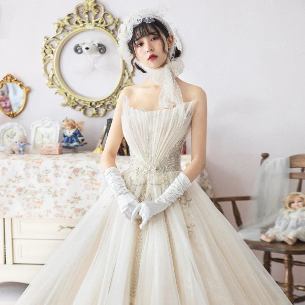 Modern / Fashion Champagne Wedding Dresses 2019 A-Line / Princess Pleated Amazing / Unique Strapless Beading Lace Flower Sleeveless Backless Floor-Length / Long
