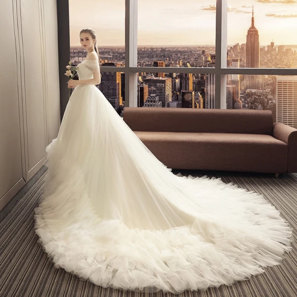 Elegant Ivory Wedding Dresses 2019 A-Line / Princess Sleeveless Leaf Appliques Off-The-Shoulder Backless Ruffle Cathedral Train Wedding