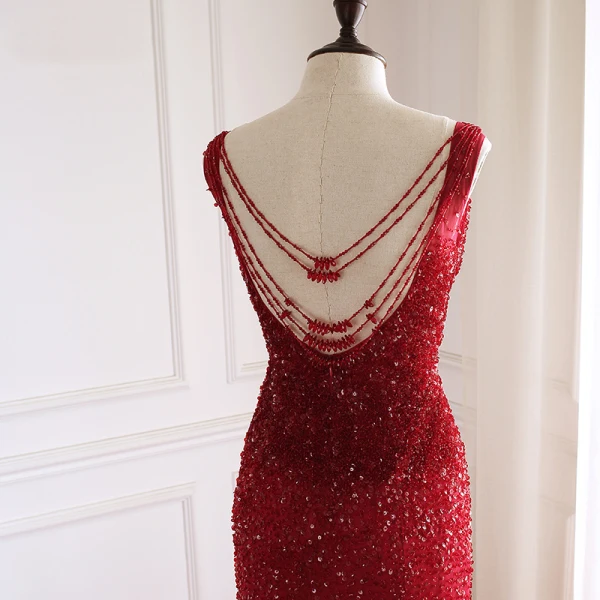 Luxury / Gorgeous Burgundy Handmade  Beading Evening Dresses  2019 Trumpet / Mermaid Scoop Neck Sequins Crystal Sleeveless Backless Court Train Formal Dresses
