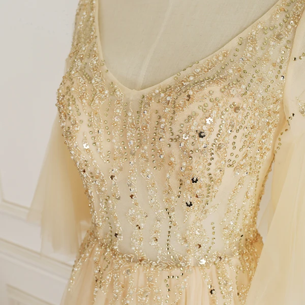 Chic / Belle Champagne Robe De Soirée 2019 Princesse V-Cou Perlage Perle Faux Diamant Manches de cloche Dos Nu Train De Balayage Robe De Ceremonie