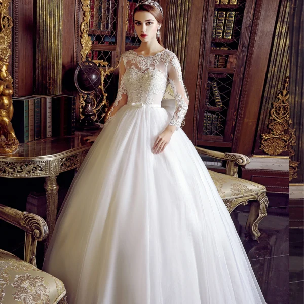 Classy Ivory Wedding Dresses 2019 A-Line / Princess Scoop Neck Pearl Sequins Lace Flower Long Sleeve Backless Bow Sash Floor-Length / Long