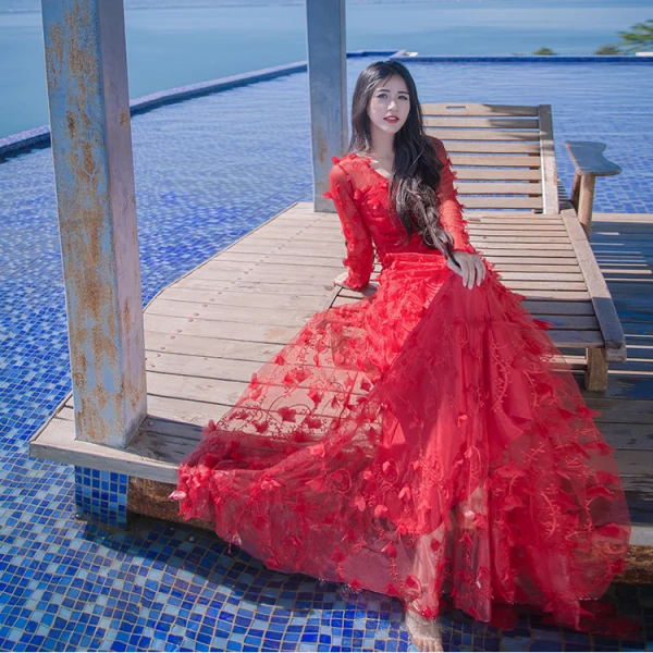 Illusion White Honeymoon Maxi Dresses 2019 A-Line / Princess V-Neck Appliques Long Sleeve Sweep Train Womens Clothing