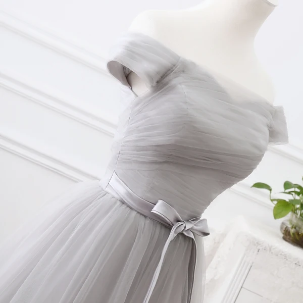 Elegant Grey Prom Dresses 2019 A-Line / Princess Off-The-Shoulder Short Sleeve Backless Bow Court Train Formal Dresses