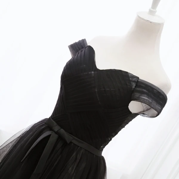 Elegant Black Prom Dresses 2019 A-Line / Princess Off-The-Shoulder Short Sleeve Backless Bow Court Train Formal Dresses