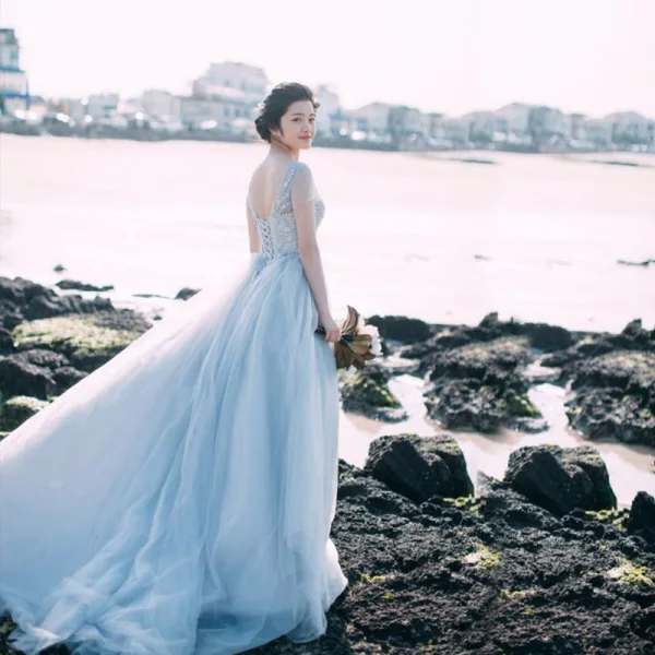 Chic / Beautiful Grey Prom Dresses 2018 A-Line / Princess Beading Lace Flower Sequins V-Neck Backless Short Sleeve Floor-Length / Long Formal Dresses