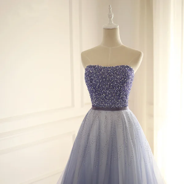 Fine Mørk Marineblå Ballkjoler 2018 Prinsesse Beading Paljetter Rhinestone Kjæreste Ryggløse Uten Ermer Feie Tog Formelle Kjoler