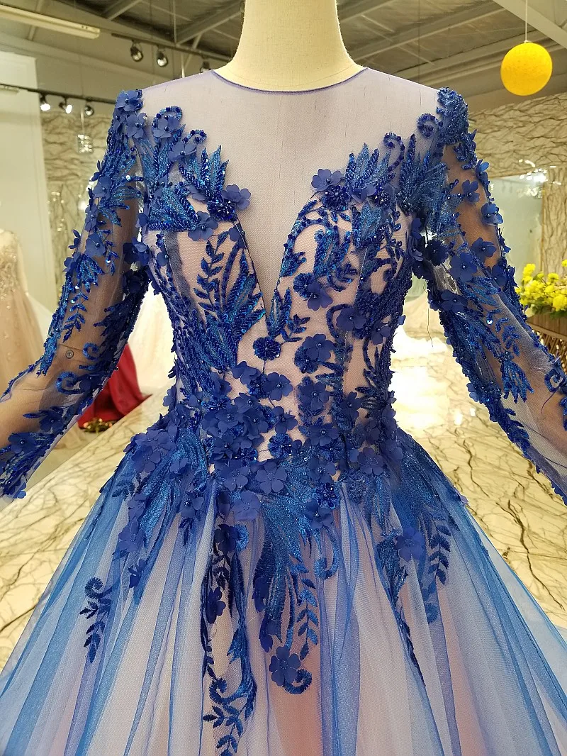 chinese dress ladies Royal Blue Long Formal Dress with Sheer Long Sleeves Royal / 2