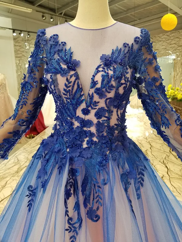 Chic / Beautiful Royal Blue Evening Dresses 2019 A-Line / Princess Scoop Neck Lace Flower Appliques Beading Crystal 3/4 Sleeve Chapel Train Formal