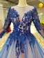Chic / Beautiful Royal Blue Evening Dresses  2019 A-Line / Princess Scoop Neck Lace Flower Appliques Beading Crystal 3/4 Sleeve Chapel Train Formal Dresses