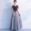 Chic / Beautiful Black Evening Dresses  2019 A-Line / Princess V-Neck Lace Flower Short Sleeve Backless Floor-Length / Long Formal Dresses