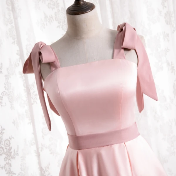 Lovely Candy Pink Satin Bridesmaid Dresses 2021 A-Line / Princess Square Neckline Bow Sleeveless Backless Tea-length Wedding Party Dresses