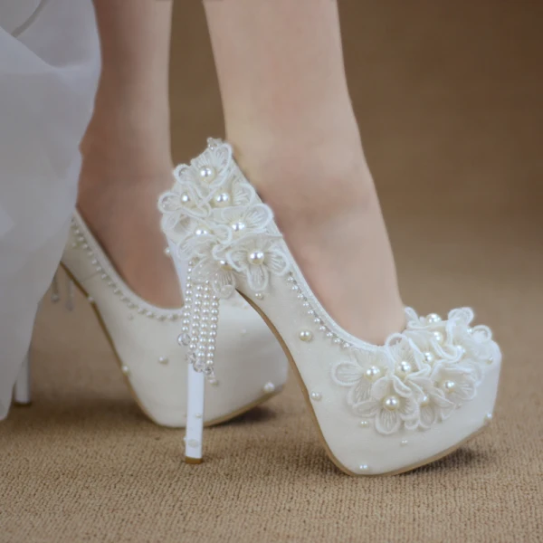Chic / Beautiful Ivory Wedding Shoes 2019 Appliques Pearl Tassel 14 cm Stiletto Heels Round Toe Wedding Pumps