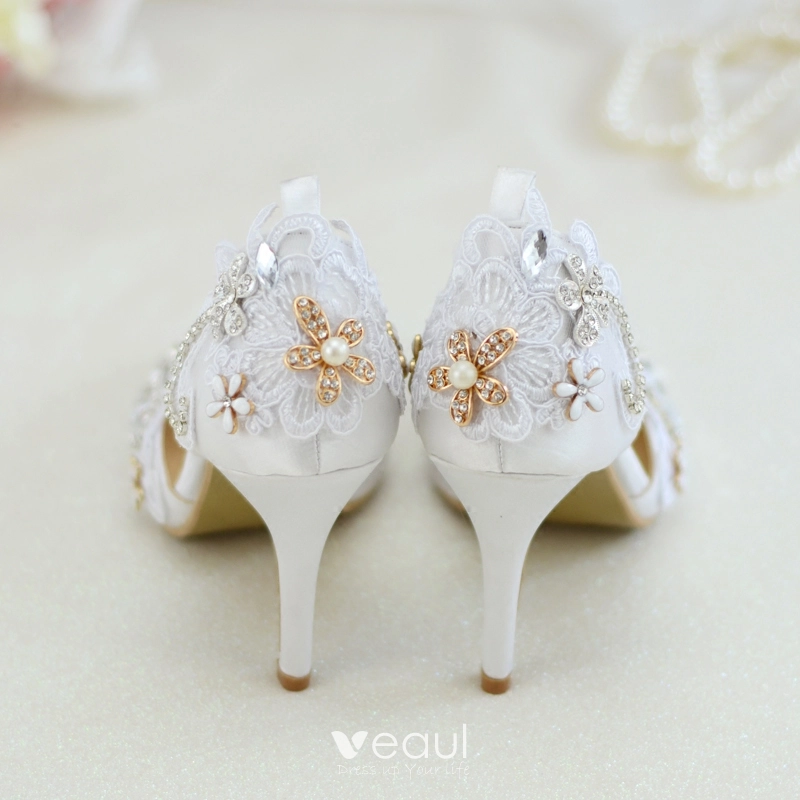 Women's Wedding Shoes Beautiful White Flower Wedding Shoes, Thick Heel Pointed Toe High Heels