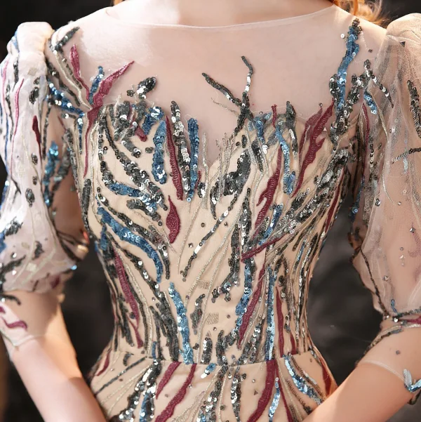 High-end Champagne Evening Dresses  2021 Trumpet / Mermaid Scoop Neck Beading Sequins Lace Flower 3/4 Sleeve Floor-Length / Long Evening Party Formal Dresses