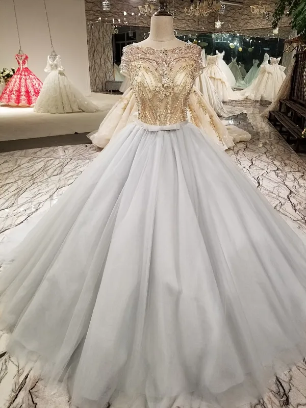 Sparkly Vintage / Retro Grey Handmade Beading Prom Dresses 2019 Ball Gown Scoop Neck Crystal Pearl Sequins Short Sleeve Backless Bow Cathedral Train Formal Dresses