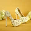 Sparkly White Wedding Shoes 2019 Crystal Pearl Rhinestone 14 cm Stiletto Heels Round Toe Wedding Pumps