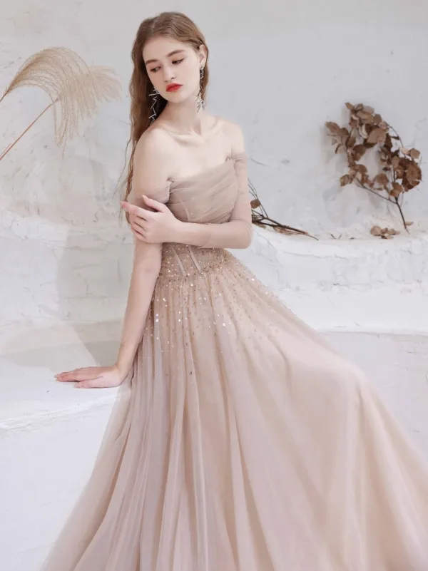 Charmant Rougissant Rose Robe De Soirée 2021 Princesse De l'épaule Perlage Étoile Paillettes 3/4 Manches Dos Nu Longue Robe De Ceremonie