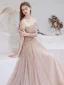Charmant Rougissant Rose Robe De Soirée 2021 Princesse De l'épaule Perlage Étoile Paillettes 3/4 Manches Dos Nu Longue Robe De Ceremonie