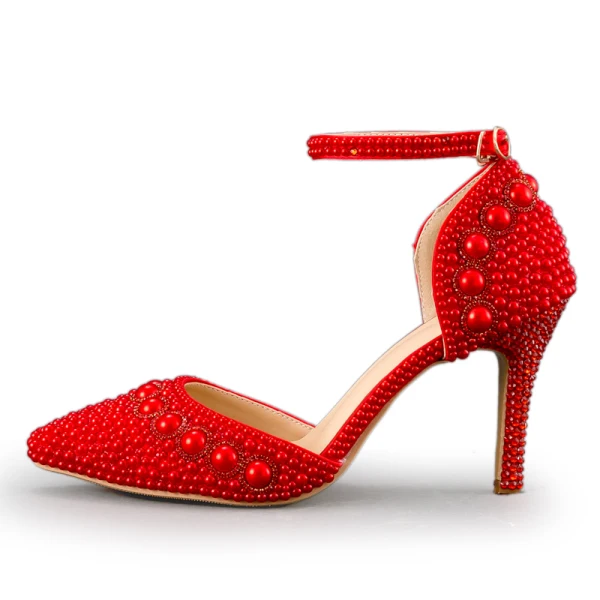 Chic / Beautiful White Wedding Shoes 2019 Pearl Ankle Strap Rhinestone 8 cm Stiletto Heels Pointed Toe Wedding High Heels