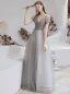 Fashion Grey Evening Dresses  2021 A-Line / Princess V-Neck Beading Rhinestone Sequins Short Sleeve Backless Floor-Length / Long Formal Dresses