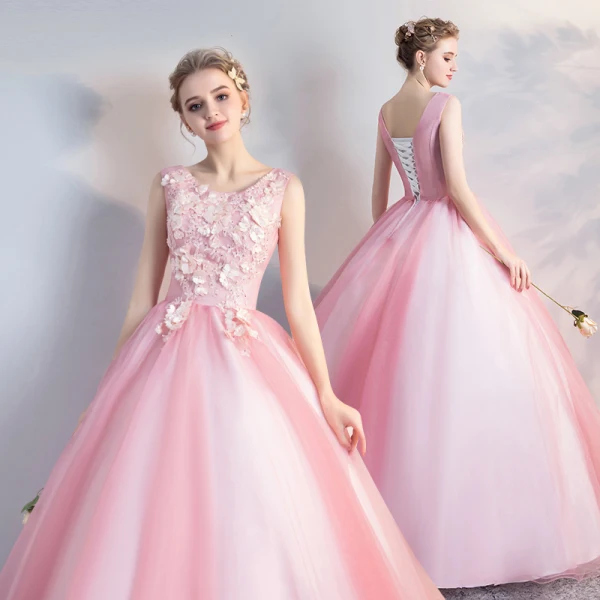 Elegant Candy Pink Quinceañera Prom Dresses 2018 Ball Gown Appliques Pearl Scoop Neck Backless Sleeveless Floor-Length / Long Formal Dresses