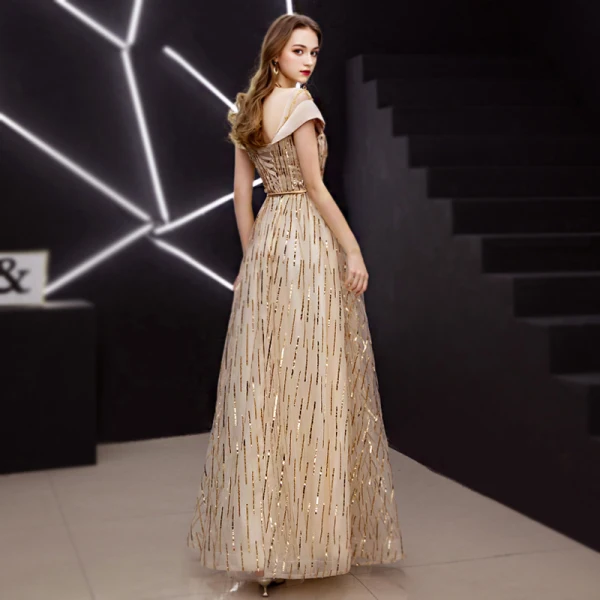 Modern / Fashion Gold Evening Dresses 2019 A-Line / Princess Scoop Neck Beading Sequins Short Sleeve Backless Metal Sash Floor-Length / Long Formal Dresses