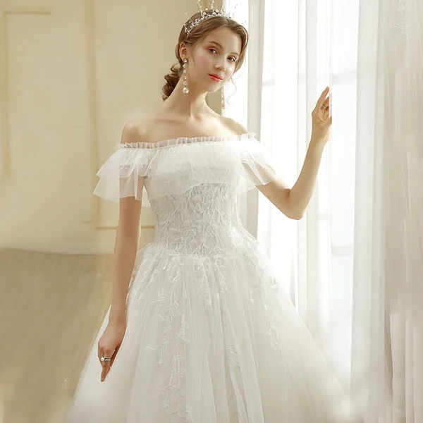 Affordable Ivory Wedding Dresses 2019 A-Line / Princess Off-The-Shoulder Lace Flower Short Sleeve Backless Floor-Length / Long