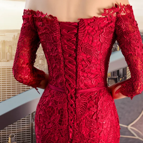 Charmant Bordeaux Robe De Soirée 2019 Trompette / Sirène De l'épaule En Dentelle Fleur Paillettes 1/2 Manches Dos Nu Noeud Longue Robe De Ceremonie