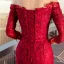 Charmant Bordeaux Robe De Soirée 2019 Trompette / Sirène De l'épaule En Dentelle Fleur Paillettes 1/2 Manches Dos Nu Noeud Longue Robe De Ceremonie