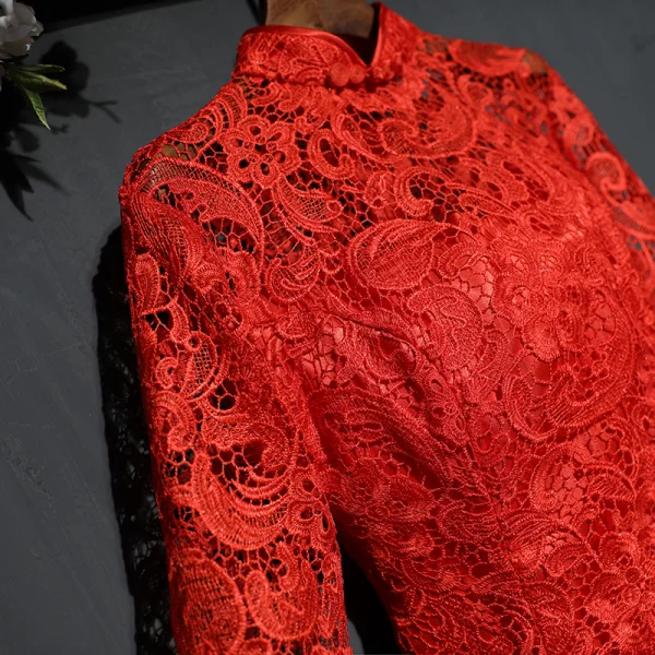 Style Chinois Rouge Robe De Soirée 2019 Trompette / Sirène Col Haut Transparentes Dentelle Fleur 1/2 Manches Longue Robe De Ceremonie