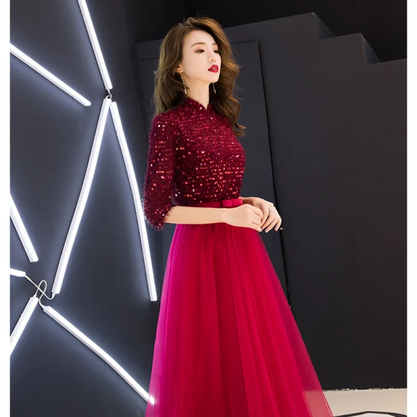 Chinese style Burgundy Evening Dresses 2019 A-Line / Princess High Neck Tassel Sequins Bow 1/2 Sleeves Floor-Length / Long Formal Dresses