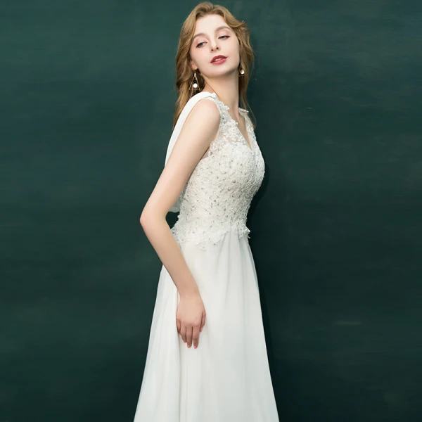 Moderne / Mode Ivoire Robe De Soirée 2019 Princesse V-Cou Appliques En Dentelle Paillettes Sans Manches Dos Nu Train De Balayage Robe De Ceremonie