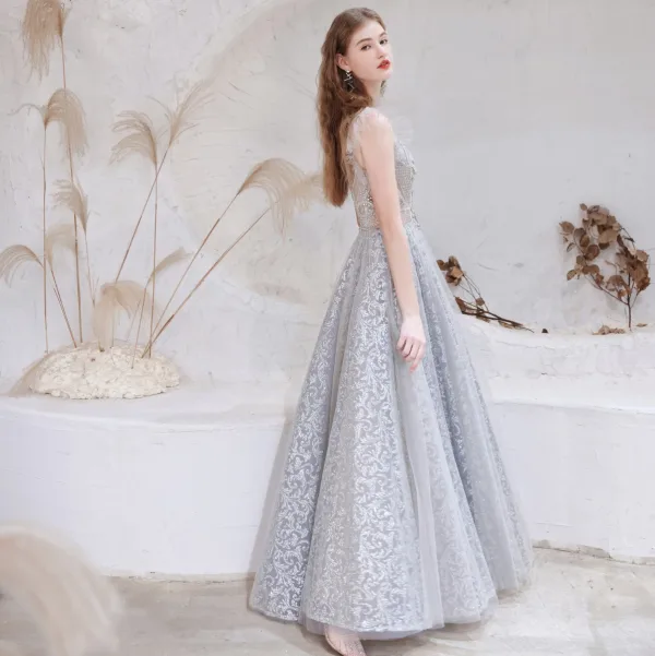 Sexy Silver Prom Dresses 2021 A-Line / Princess High Neck Beading Rhinestone Lace Flower Sleeveless Backless Floor-Length / Long Formal Dresses