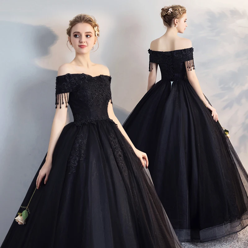 Affordable Black Puffy Quinceaera Prom Dresses 2018 Ball Gown Lace Flower Beading Pearl