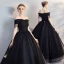 Affordable Black Puffy Quinceañera Prom Dresses 2018 Ball Gown Lace Flower Beading Pearl Tassel Off-The-Shoulder Backless Short Sleeve Floor-Length / Long