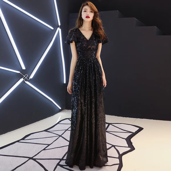 Scintillantes Bleu Marine Paillettes Robe De Soirée 2019 Princesse V-Cou Manches Courtes Dos Nu Longue Robe De Ceremonie