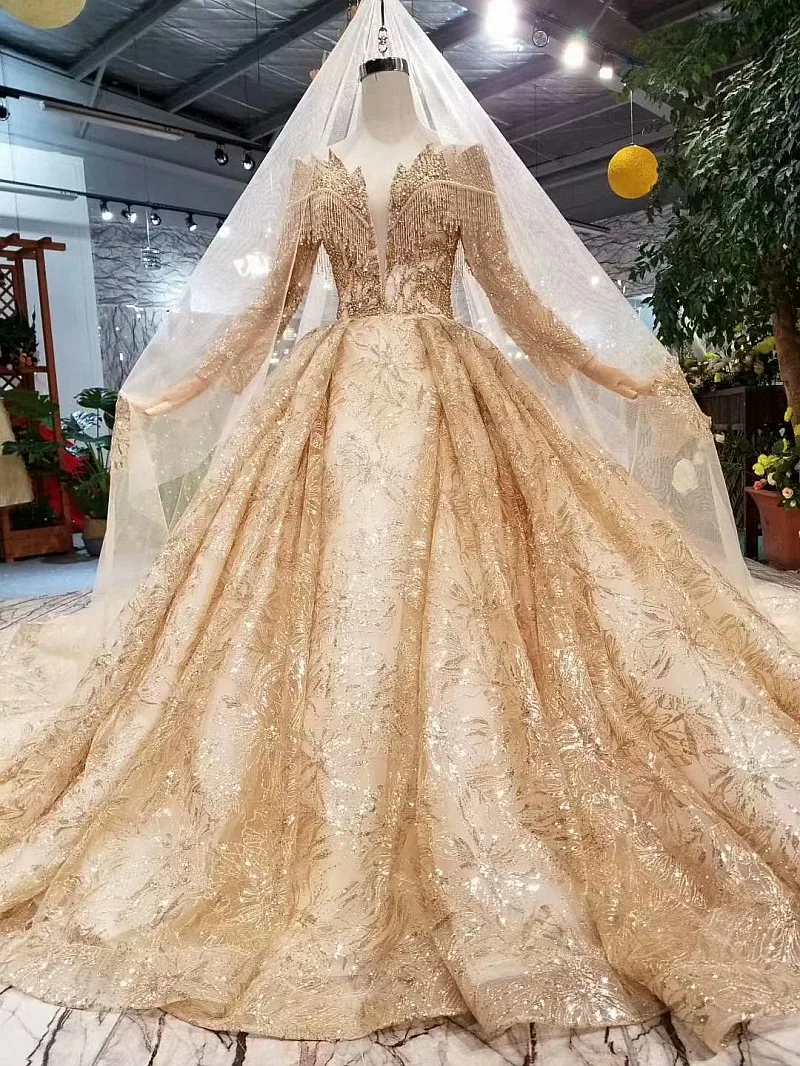 green emerald velvet dress Gold Tassel A Line Wedding Dresses Long Sleeve V-Neck ZW751 – TANYA BRIDAL