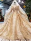 Luxe Doré Robe De Mariée 2019 Robe Boule Glitter Tulle Encolure Dégagée Perlage Cristal Gland En Dentelle Fleur Manches Longues Dos Nu Royal Train