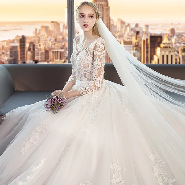 Modest / Simple White Wedding Dresses 2019 A-Line / Princess Scoop Neck See-through Lace Flower 3/4 Sleeve Backless Cathedral Train