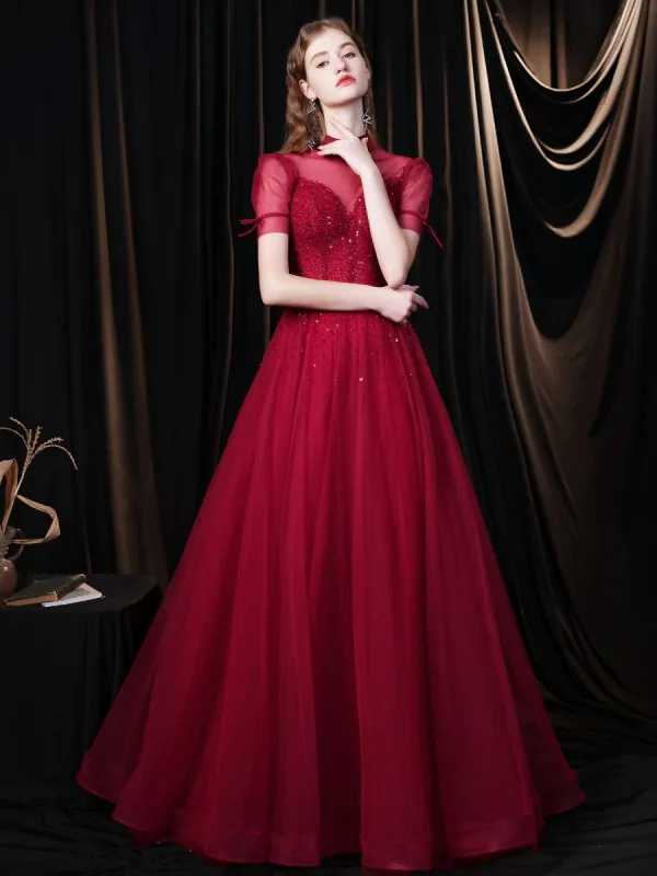 Élégant Bordeaux Robe De Soirée 2021 Princesse Col Haut Perlage Paillettes Manches Courtes Dos Nu Longue Robe De Ceremonie