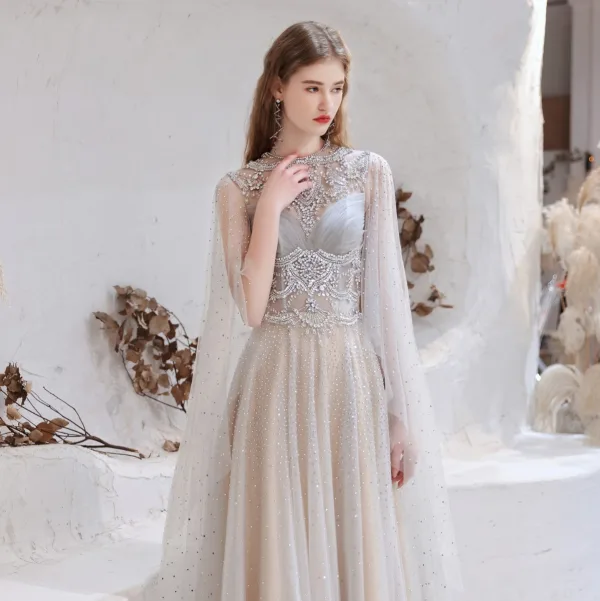 Charming High-end Grey Evening Dresses 2021 A-Line / Princess Scoop Neck Beading Rhinestone Sequins Sleeveless Floor-Length / Long Evening Party Formal Dresses