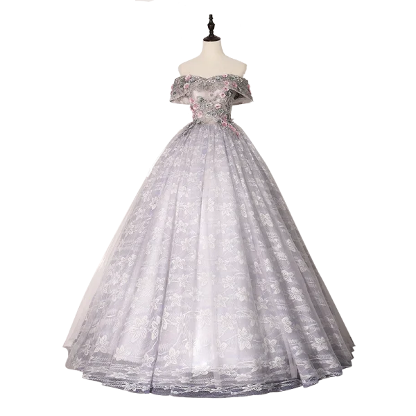 Elegant Flower Fairy Silver Grey Prom Dresses 2020 Ball Gown Off-The-Shoulder Rhinestone Lace Flower Short Sleeve Backless Floor-Length / Long Formal Dresses
