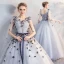 Chic / Beautiful Grey Quinceañera Prom Dresses 2018 Ball Gown Lace Appliques Bow V-Neck Backless Sleeveless Floor-Length / Long Formal Dresses