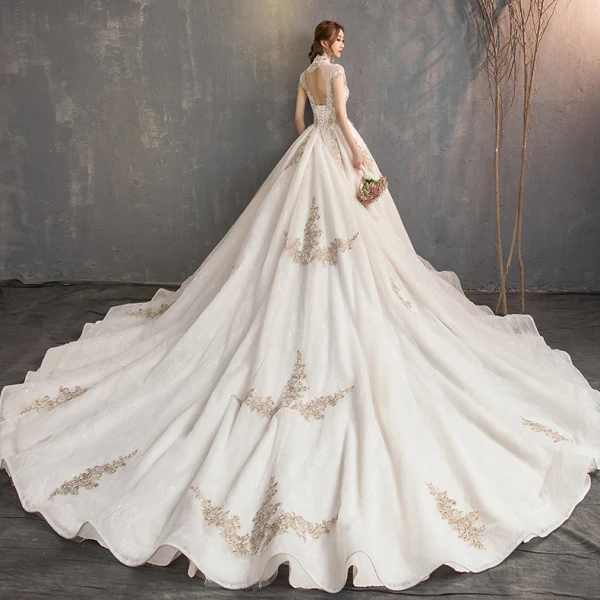 Vintage / Retro Chinese style Champagne Wedding Dresses 2019 A-Line / Princess High Neck Lace Flower Cap Sleeves Backless Royal Train